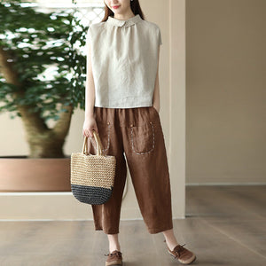 Áo sơ mi linen sát nách cổ pipi khuy cài sau - A746
