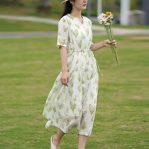 Đầm liền linen ngắn tay cổ V in những chiếc lá - NU8789