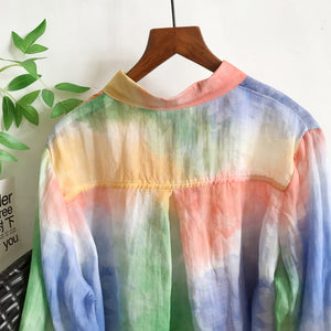 Áo sơ mi linen dài tay cổ đức sắc cầu vồng - A978