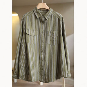 Áo sơ mi linen dài tay cổ đức kẻ sọc hai túi - NU9796