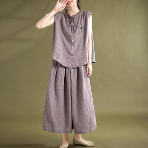 Bộ đồ linen gồm áo sơ mi sát nách một túi và quần baggy ống rộng lưng cao kẻ caro - NU9056