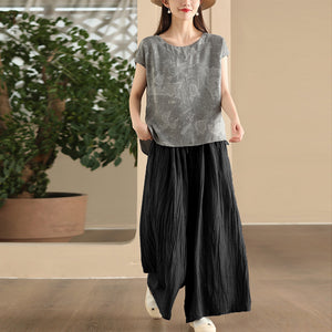 Quần baggy linen lưng cao thun in màu nước retro - Q003