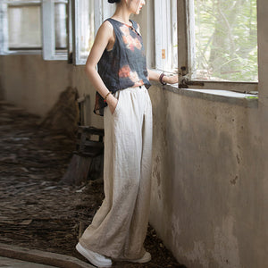Quần baggy linen lưng thun ống rộng đính khuy - NU9818