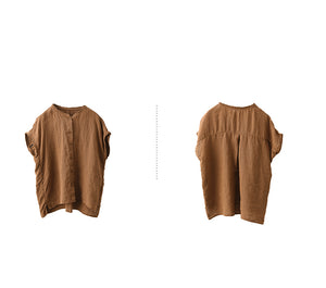 Áo sơ mi linen ngắn tay cổ tròn xếp ly - A804