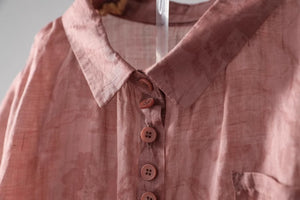 Áo sơ mi linen ngắn tay cổ pipi in hoa lá một túi nhỏ - NU8871