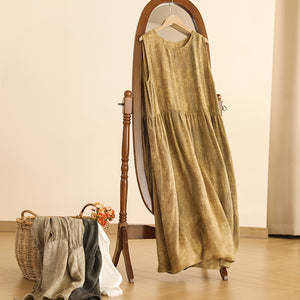 Đầm liền linen sát nách cổ tròn in đồng màu - NU10111