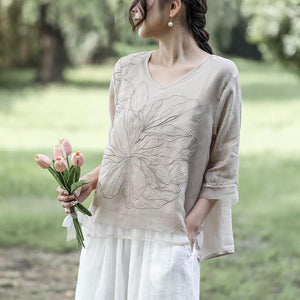 Áo sơ mi linen ngắn tay cổ V thêu hoa nổi hai lớp - NU9860