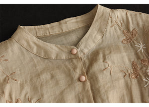 Áo sơ mi organza ngắn tay cổ tròn thêu hoa lá - A010