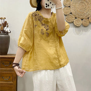 Áo T-shirt linen ngắn tay cổ tròn đính ren thêu hoa lá - NU9997