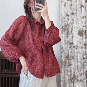 Áo sơ mi linen dài tay cổ đức in hoa lá liti kiểu xếp ly - NU9858