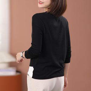 Áo T-shirt dài tay cổ tròn khuy cài một màu - NU9436