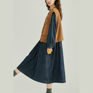Đầm liền denim dài tay cổ trái tim khuy tròn - NU9793