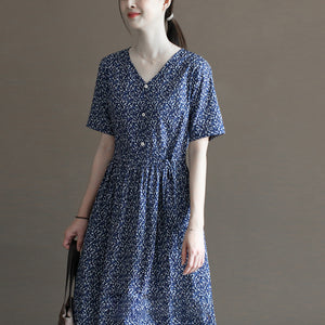 Đầm liền linen ngắn tay cổ V in hoa liti ba khuy - NU10024
