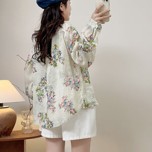 Áo sơ mi linen dài tay cổ pipi in hoa lá một túi tam giác - A687
