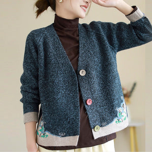Áo khoác len đan dài tay cổ V hoa văn retro ba khuy - NU9282