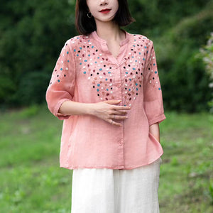 Áo sơ mi linen ngắn tay cổ V thêu hoa liti màu sắc - NU9845