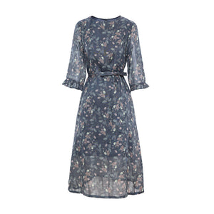 Đầm liền linen ngắn tay cổ tròn in những chiếc lá - NU9900