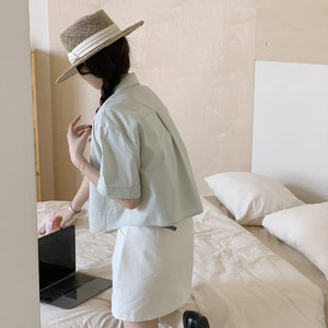 Áo sơ mi linen ngắn tay cổ sen hai túi vuông - A831