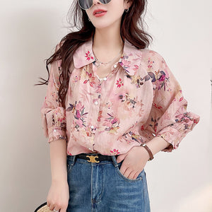Áo sơ mi linen dài tay cổ cánh sen in hoa lá - A685