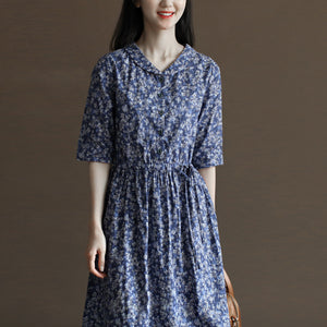 Đầm liền linen ngắn tay cổ pipi in hoa lá chiết eo - NU10022