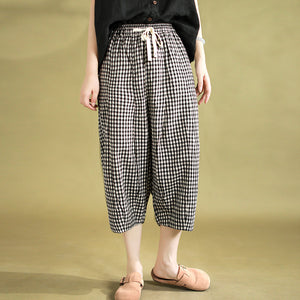 Quần baggy linen lửng lưng thun kẻ caro - NU10125