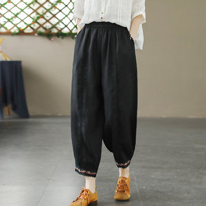 Quần baggy linen lưng thun ống côn thêu hoa lá - NU10248