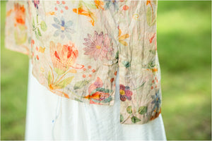 Đầm liền linen ngắn tay cổ tròn kiểu sườn xám in hoa lá - NU9988