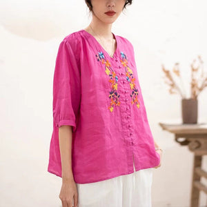 Áo sơ mi linen ngắn tay cổ V thêu hoa lá khuy tròn - NU10059