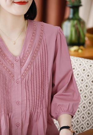 Áo sơ mi ngắn tay cổ V thêu ren xếp ly - NU8828