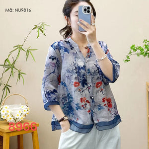 Áo sơ mi linen ngắn tay cổ V đính ren in hoa lá - NU9814