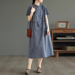 Đầm liền linen ngắn tay cổ V kẻ sọc eo kiểu thắt dây - D045