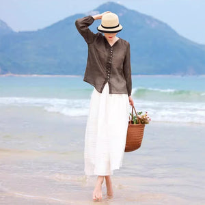 Áo sơ mi linen dài tay cổ V kiểu nhiều khuy cài - NU9053
