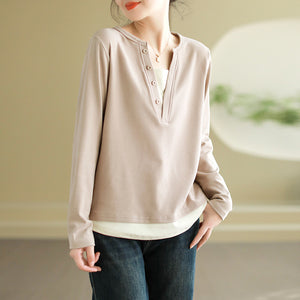 Áo T-shirt dài tay cổ V đính khuy kiểu hai lớp - NU9578