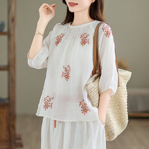 Bộ đồ linen gồm áo sơ mi ngắn tay thêu hoa lá và chân váy chữ A - NU10183