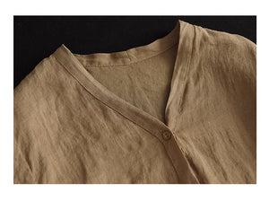 Áo sơ mi linen đơn sắc ngắn tay cổ V kiểu giấu khuy - NU8961
