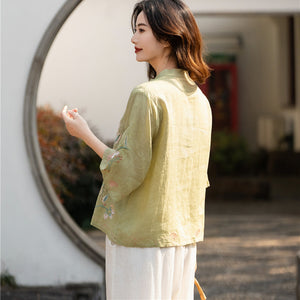 Áo sơ mi linen ngắn tay khuy tròn cài lệch thêu hoa lá - NU10055