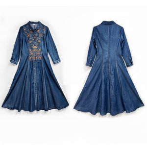 Đầm liền denim dài tay cổ cánh sen thêu hoa văn cân đối - NU9210