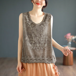 Áo T-shirt linen sát nách cổ tròn thêu hoa lá đơn sắc - NU8574
