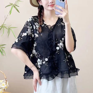 Áo sơ mi linen ngắn tay cổ V thêu hoa lá bo ren - A968
