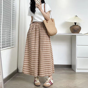 Quần baggy linen lưng thun ống rộng kẻ caro hai túi chéo - NU10159
