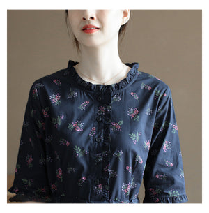 Đầm liền linen ngắn tay cổ đứng in những bó hoa liti - NU10017