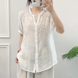 Áo sơ mi linen ngắn tay cổ tròn xẻ V thêu hoa lá đối xứng - NU9999