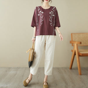 Áo T-shirt linen ngắn tay cổ tròn thêu đối xứng - NU9093