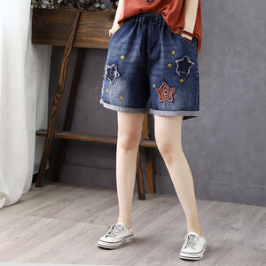 Quần sooc denim lưng thun thêu những ngôi sao - NU8955