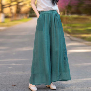 Quần baggy linen lưng thun ống rộng thêu nhành hoa - NU10418