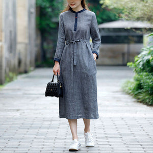 Đầm liền linen dài tay cổ tròn khuy cài kẻ caro - NU9506
