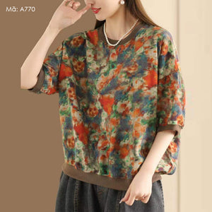 Áo T-shirt linen ngắn tay cổ tròn in hoa lá bo viền - A763