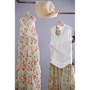 Đầm liền linen sát nách cổ tròn in hoa lá - NU8967