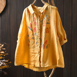 Áo sơ mi linen ngắn tay cổ đức in hoa hồng - NU10095