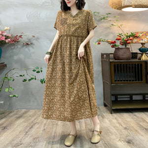 Đầm liền linen ngắn tay cổ V in hoa văn thêu một túi - D117